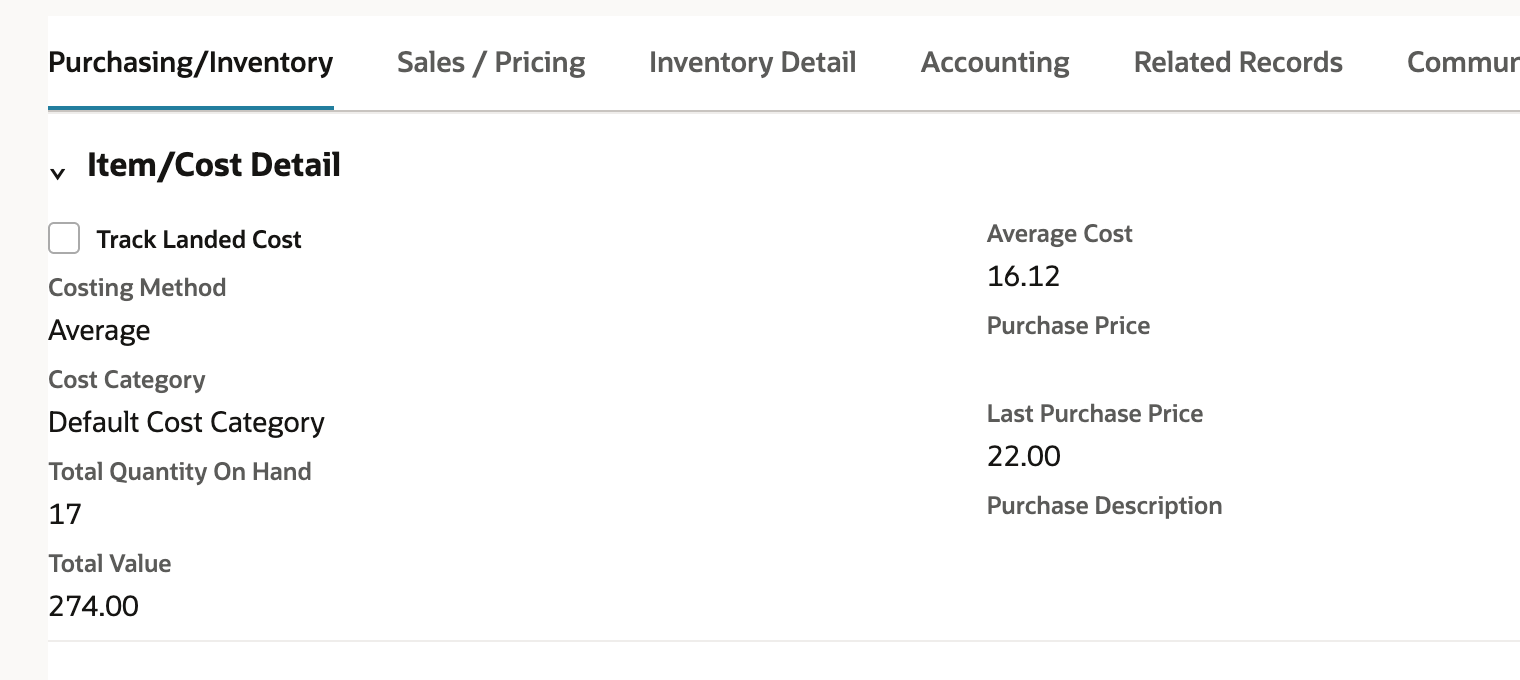 Harbor Gasket Kit, Purchasing/Inventory tab, with Average Cost 16.12, Total Quantity On Hand 17 and Total Value 274.00.