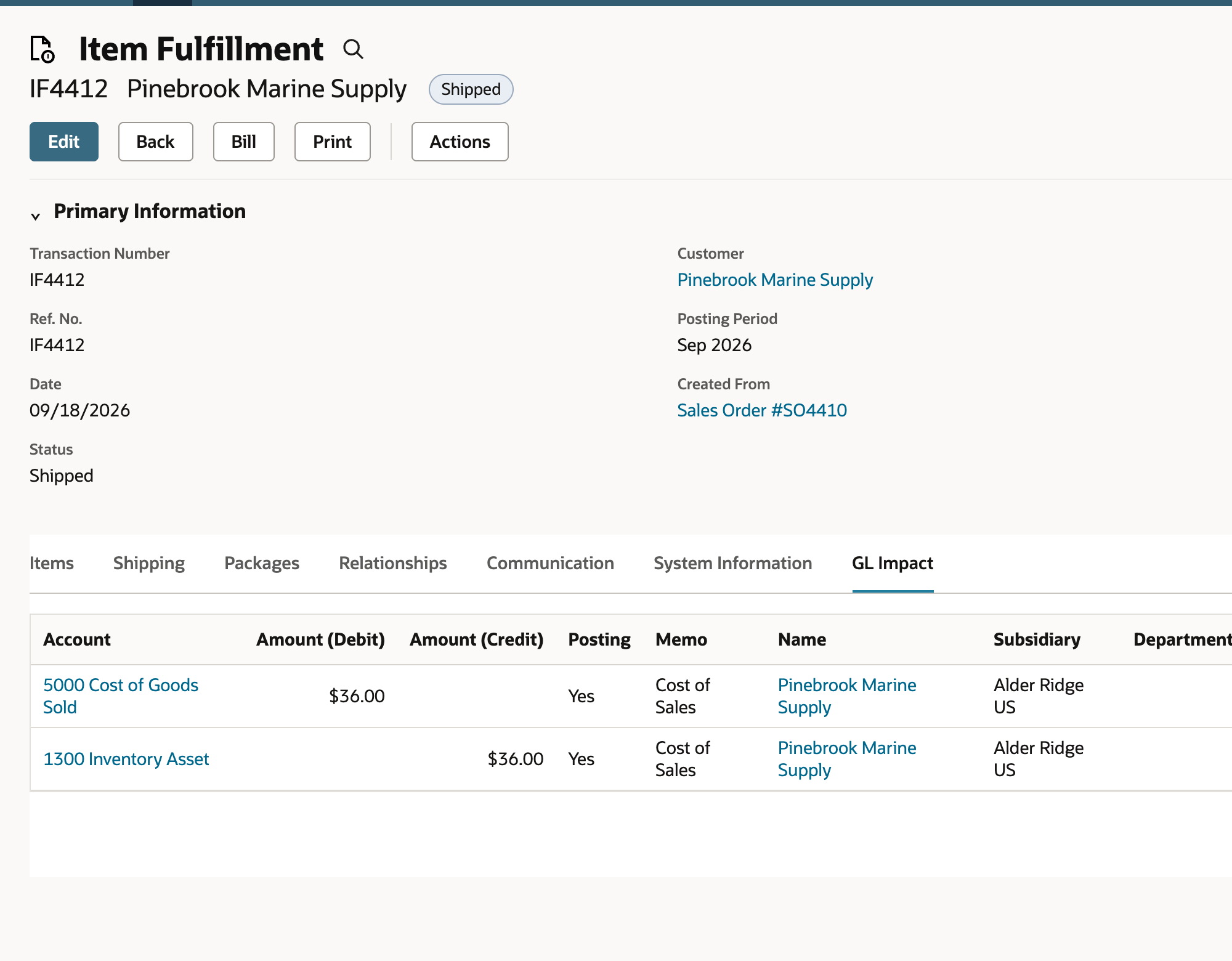 Item Fulfillment IF4412 on its GL Impact subtab: Cost of Goods Sold debited 36.00 and Inventory Asset credited 36.00.