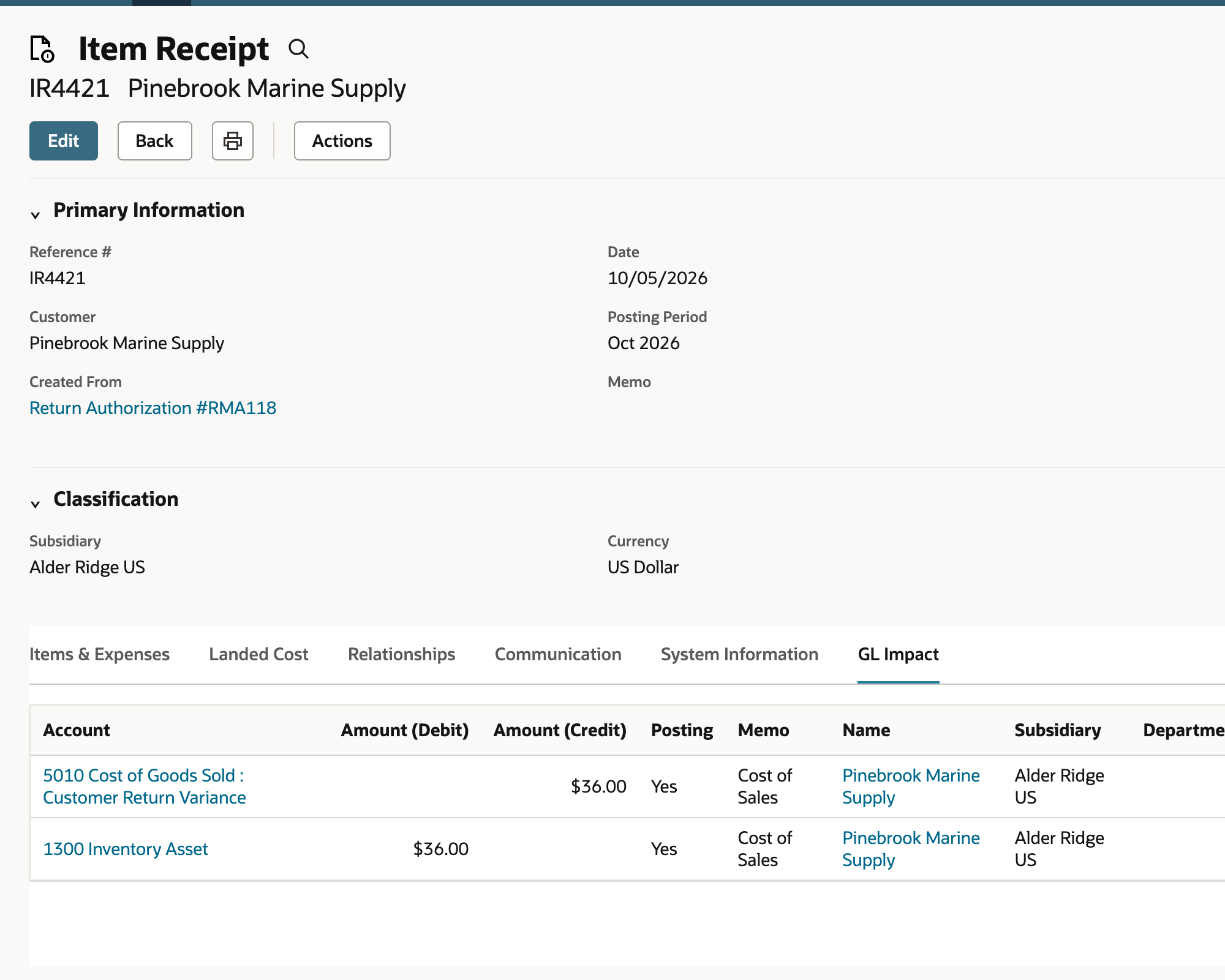 Item Receipt IR4421 on its GL Impact subtab: Customer Return Variance credited 36.00 and Inventory Asset debited 36.00.