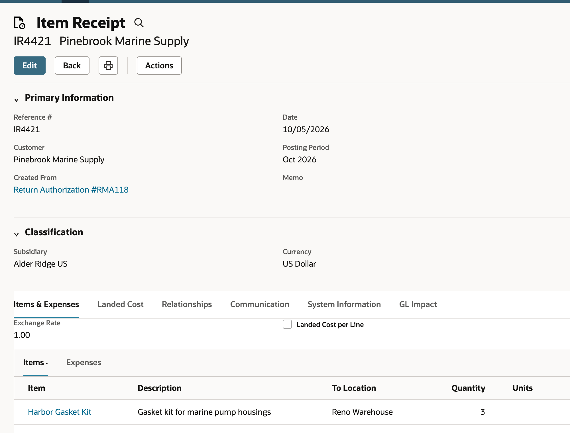 Item Receipt IR4421 with Created From showing Return Authorization #RMA118 and an Items & Expenses line of three Harbor Gasket Kit received to Reno Warehouse.