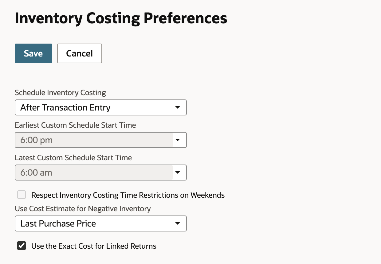 Inventory Costing Preferences with Use the Exact Cost for Linked Returns checked.