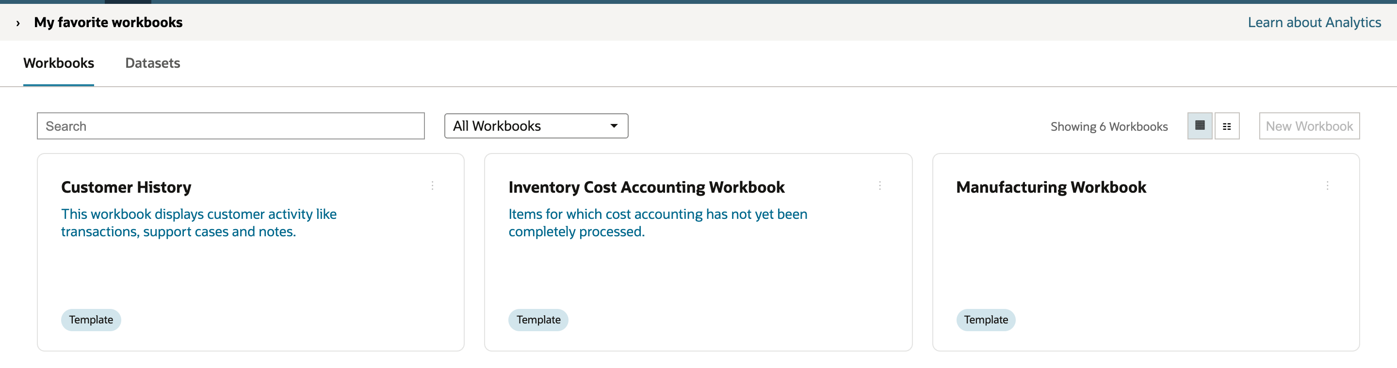 The Analytics page lists workbooks as cards, and the Manufacturing Workbook card has a Template label.