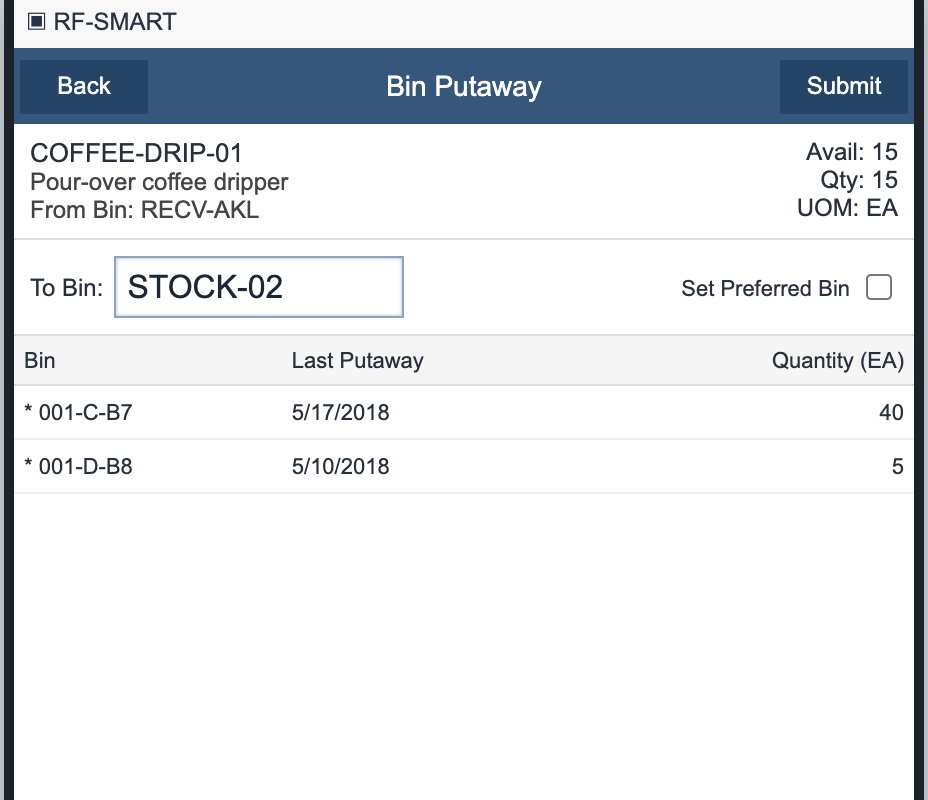 RF-SMART To Bin prompt with illustrative STOCK-02 destination, Qty 15 and Submit