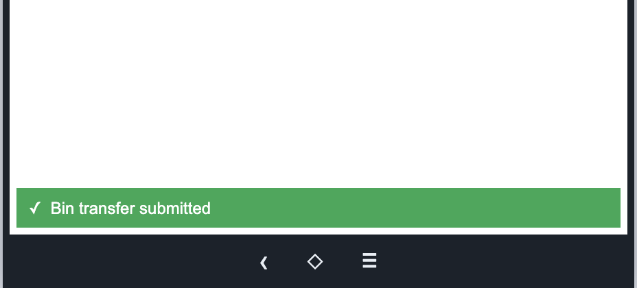 Green RF-SMART Bin transfer submitted message; the full frame shows only the remaining receiving item