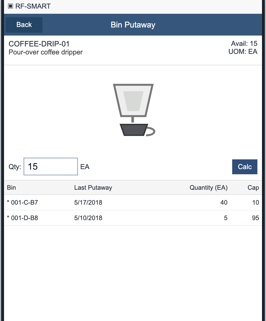 Coffee dripper item screen with Qty 15 and a two-row table of existing bins, last putaway, quantity and Cap values