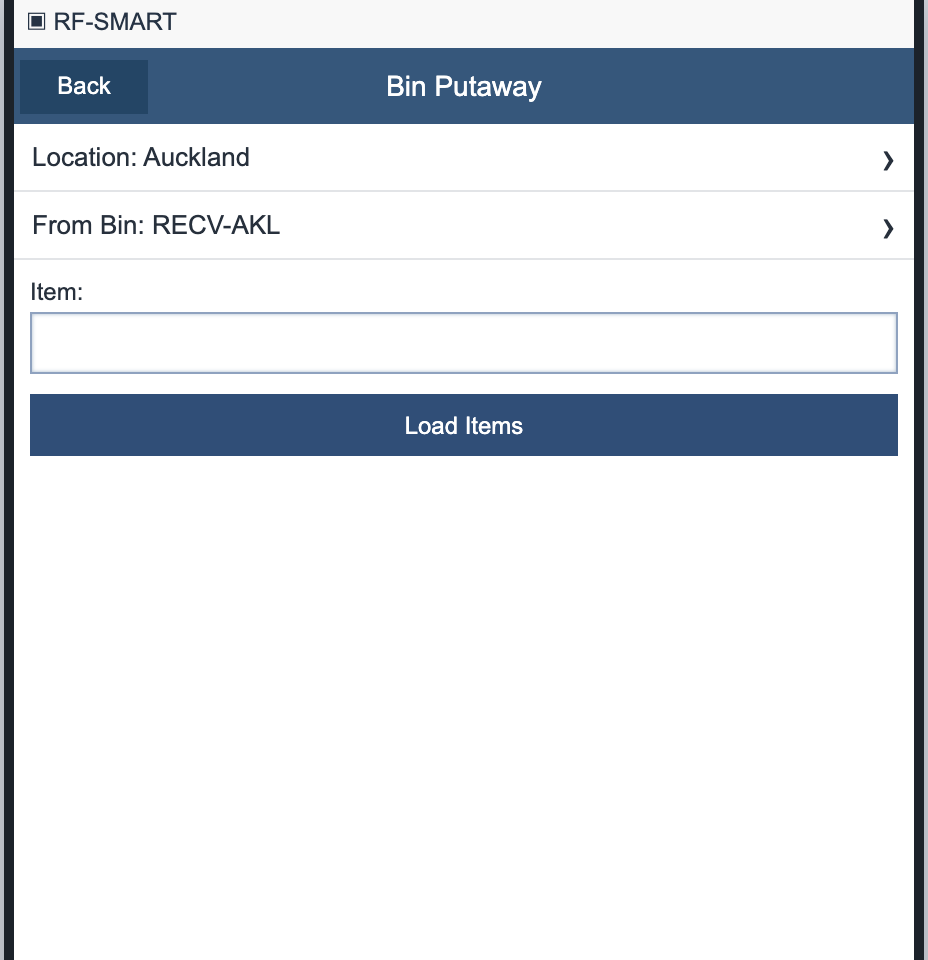 RF-SMART Bin Putaway start screen showing Auckland, receiving bin RECV-AKL, an Item field and Load Items