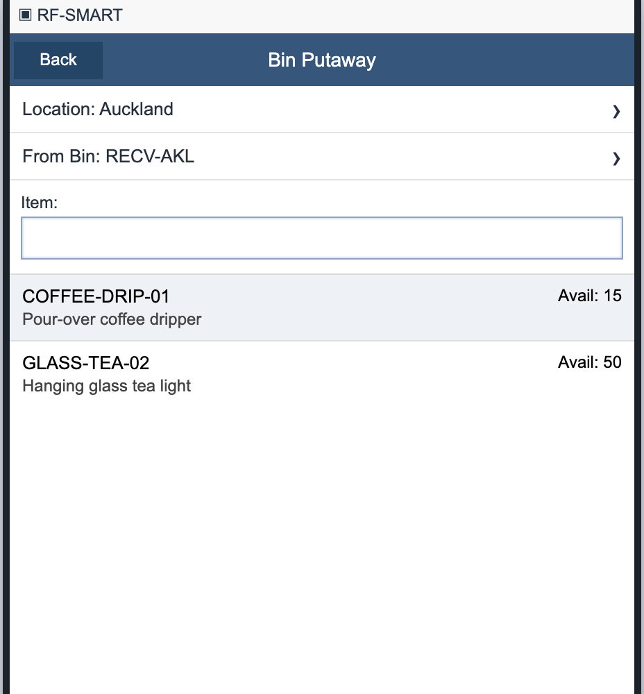 Receiving-bin list showing coffee dripper COFFEE-DRIP-01 with 15 available and a second item with 50 available