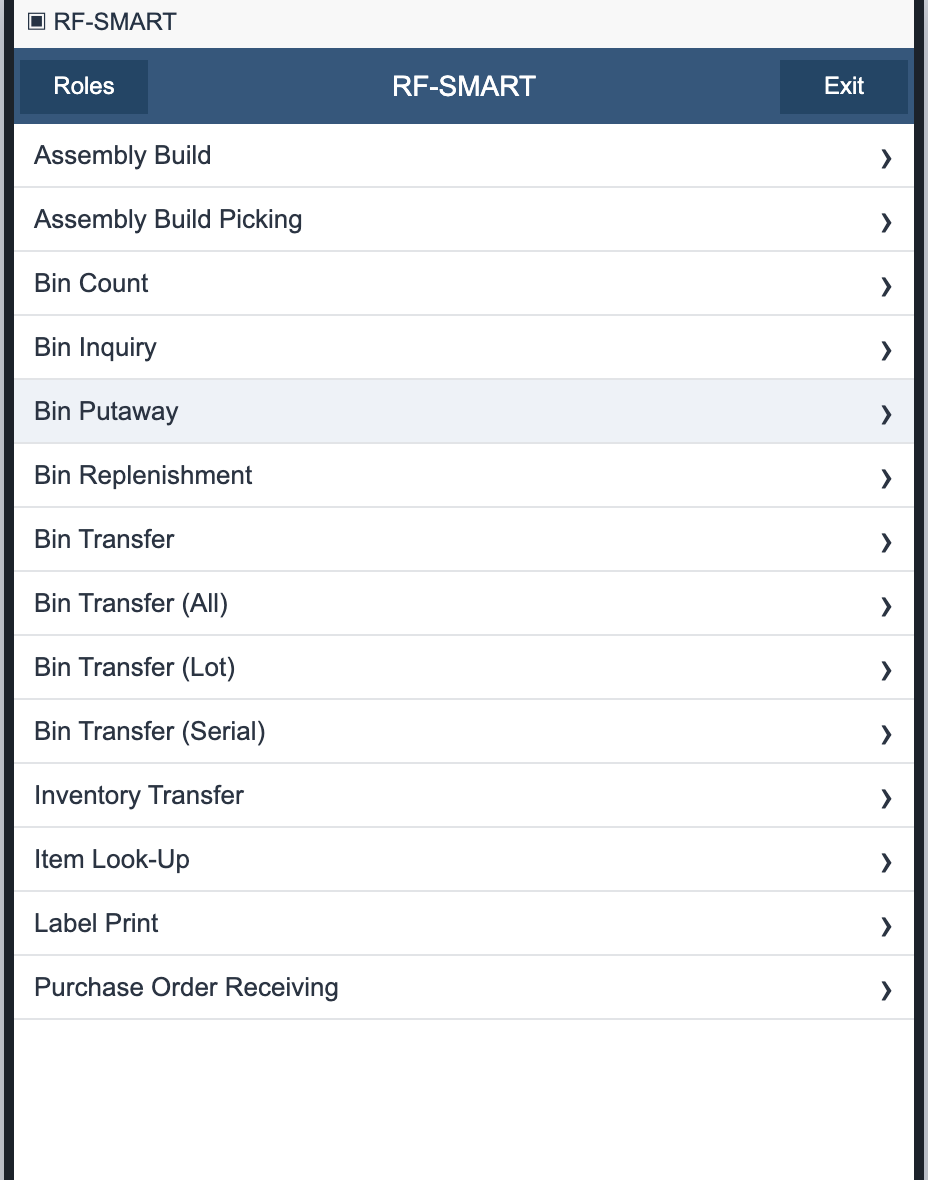 RF-SMART roles menu with Bin Putaway between Bin Inquiry and Bin Replenishment