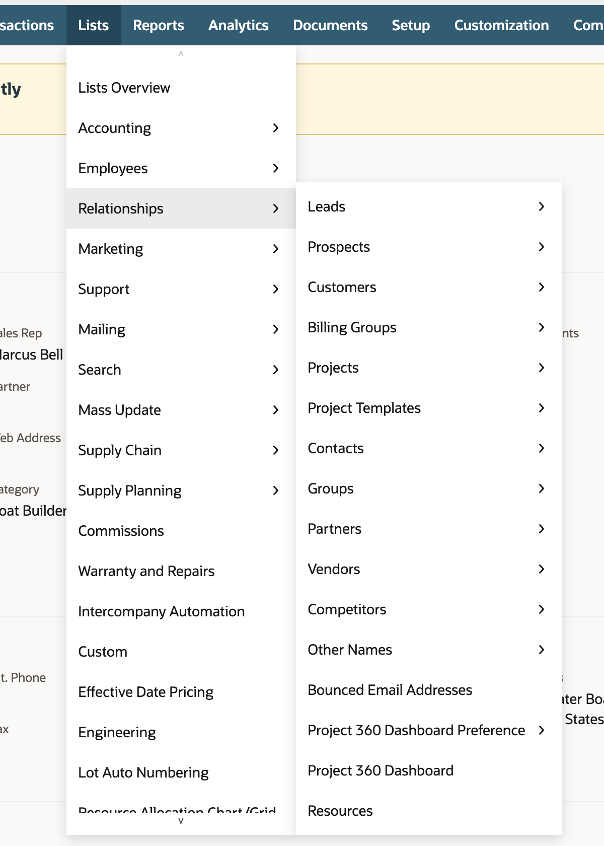 The Lists menu open with Relationships expanded. The Relationships submenu lists Leads, Prospects, Customers, Billing Groups, Projects, Project Templates, Contacts, Groups, Partners, Vendors, Competitors, Other Names, Bounced Email Addresses, Project 360 Dashboard Preference, Project 360 Dashboard and Resources.