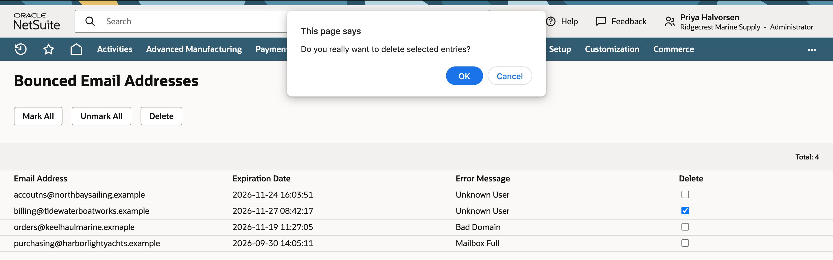 Browser dialog This page says, Do you really want to delete selected entries?, with OK and Cancel, over the Bounced Email Addresses list. Only the Delete box on the billing@tidewaterboatworks.example row is checked.
