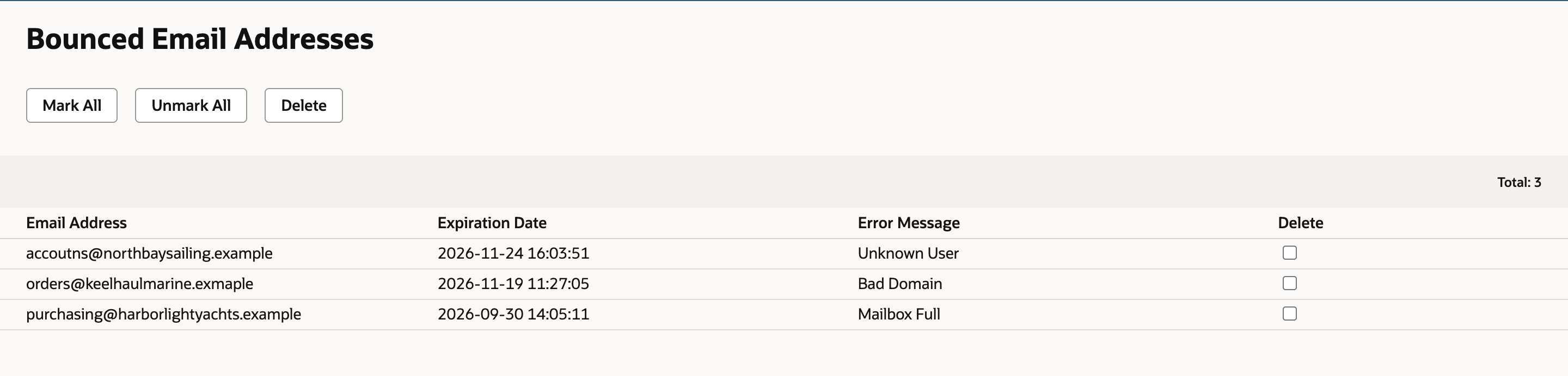 Bounced Email Addresses with Total: 3. The rows are accoutns@northbaysailing.example, orders@keelhaulmarine.exmaple and purchasing@harborlightyachts.example. billing@tidewaterboatworks.example is no longer listed.