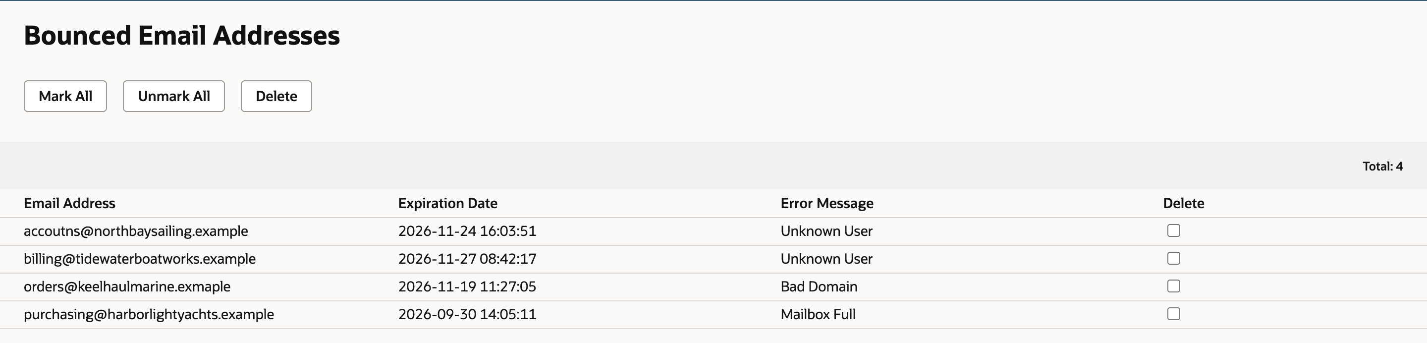 Bounced Email Addresses with Total: 4. Rows: accoutns@northbaysailing.example, 2026-11-24 16:03:51, Unknown User; billing@tidewaterboatworks.example, 2026-11-27 08:42:17, Unknown User; orders@keelhaulmarine.exmaple, 2026-11-19 11:27:05, Bad Domain; purchasing@harborlightyachts.example, 2026-09-30 14:05:11, Mailbox Full. No Delete boxes are checked.