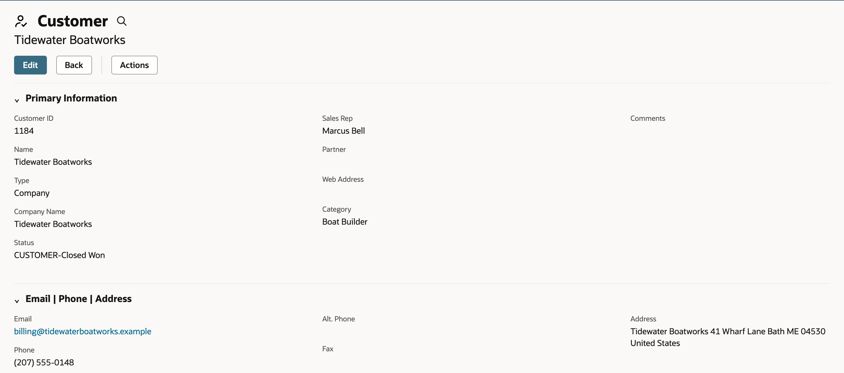 Customer Tidewater Boatworks with no warning band above the record. The Email field shows billing@tidewaterboatworks.example with no warning icon.