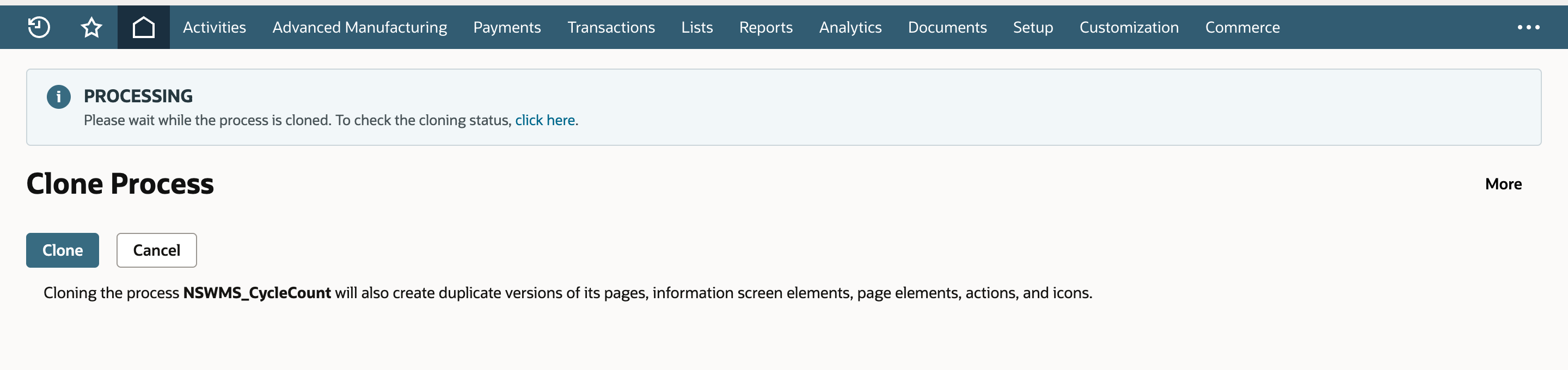 The PROCESSING banner says to wait while the process is cloned and offers a link to check the cloning status.