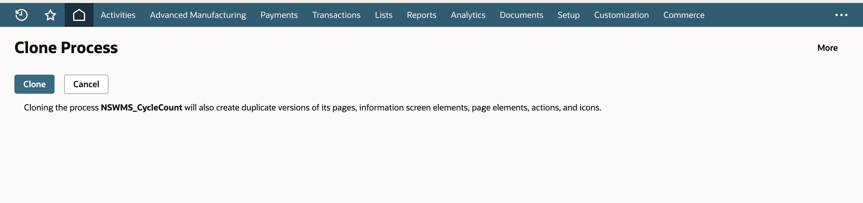 The Clone Process page names NSWMS_CycleCount and has Clone and Cancel buttons.