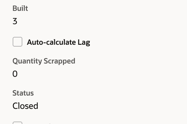 Work order WO5731 with the Closed status, a Quantity of 10 and a Built quantity of 3.