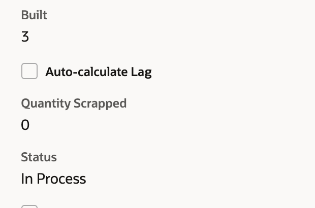 Work order WO5731 with the In Process status, the Close button in the action bar, a Quantity of 10 and a Built quantity of 3.