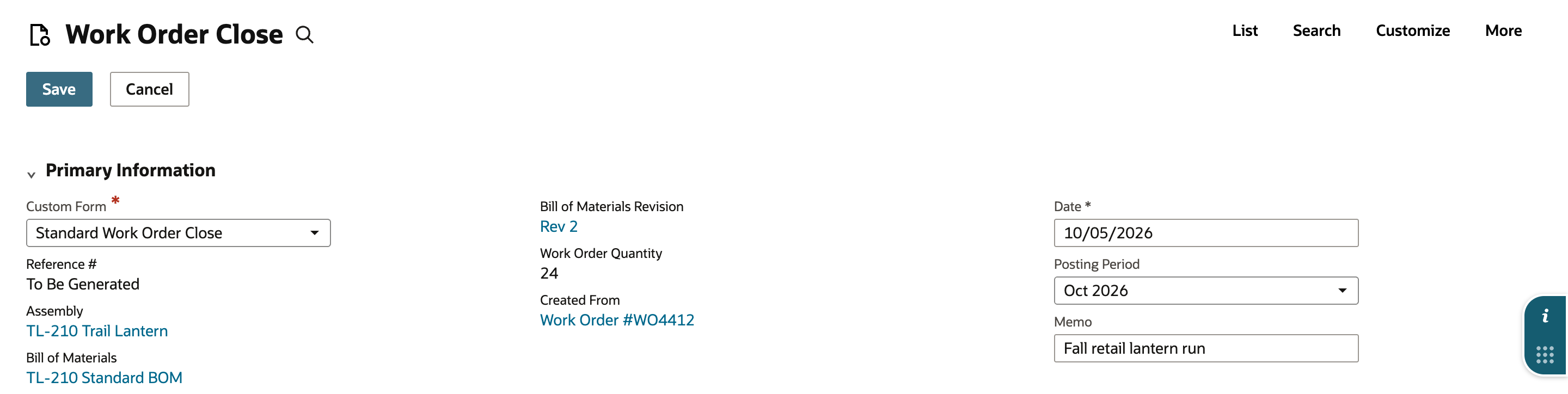 Work Order Close form with Save and Cancel. Custom Form shows Standard Work Order Close, Reference # shows To Be Generated, the assembly is TL-210 Trail Lantern, Work Order Quantity is 24, Created From links to Work Order #WO4412, Date is 10/05/2026 and Posting Period is Oct 2026. An arrow points to the Created From link.