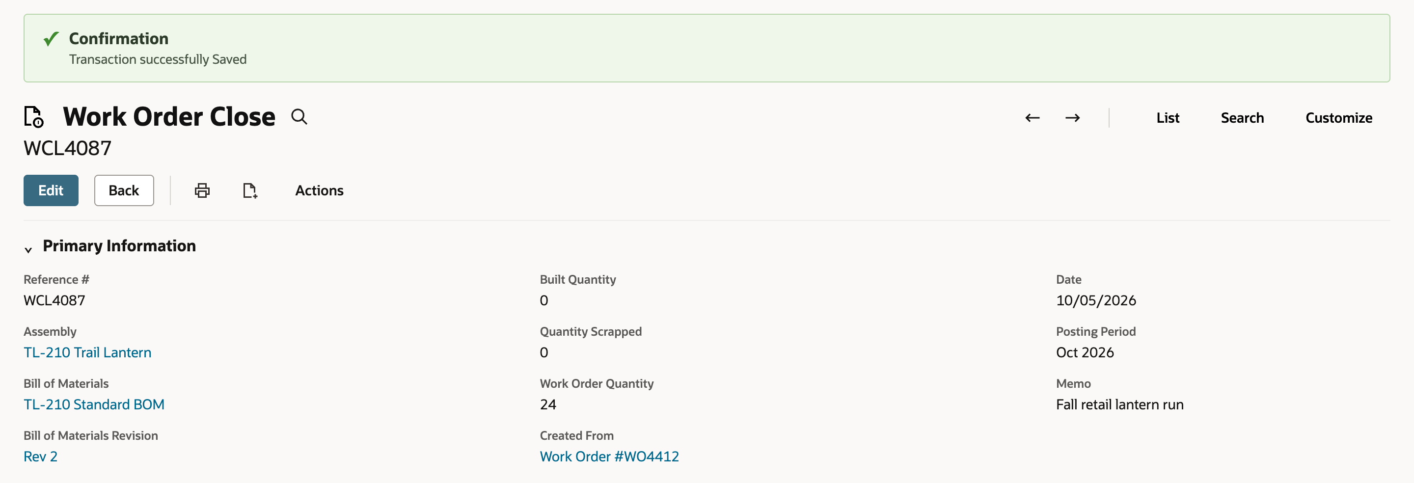Saved Work Order Close WCL4087 under a Confirmation band reading Transaction successfully Saved. Built Quantity and Quantity Scrapped are 0, Work Order Quantity is 24 and Created From links to Work Order #WO4412. An arrow points to Built Quantity 0.