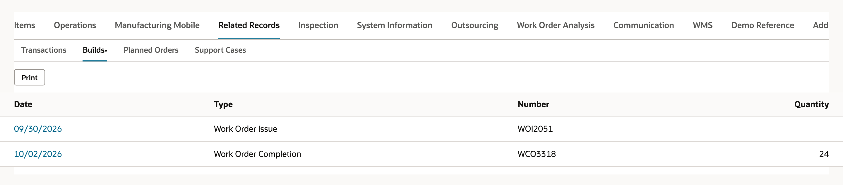 Related Records subtab with the Builds list showing Work Order Issue WOI2051 dated 09/30/2026 and Work Order Completion WCO3318 dated 10/02/2026 with Quantity 24.