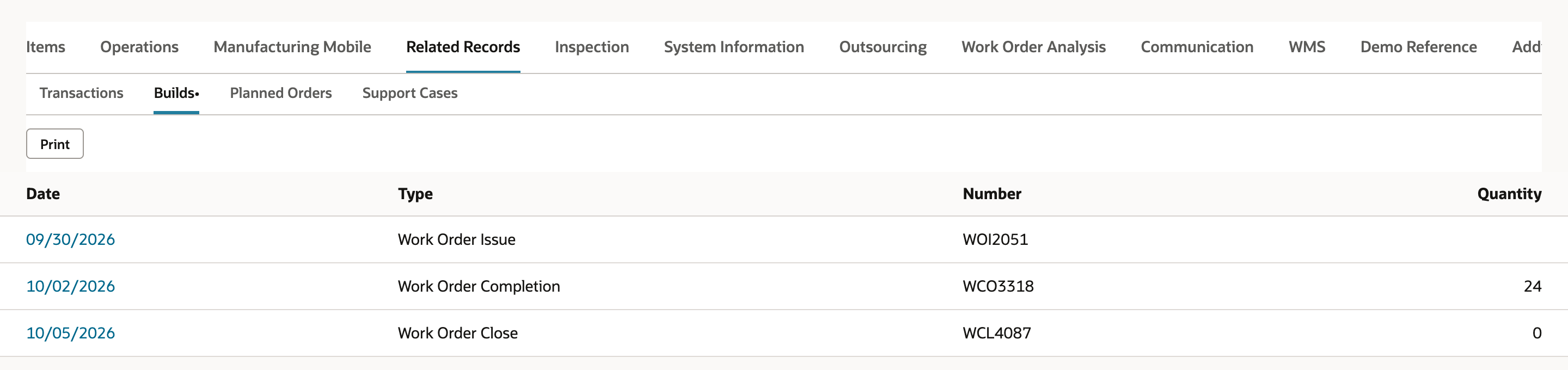 Builds list under Related Records with Work Order Issue WOI2051, Work Order Completion WCO3318 with Quantity 24 and Work Order Close WCL4087 with Quantity 0. An arrow points to WCL4087.