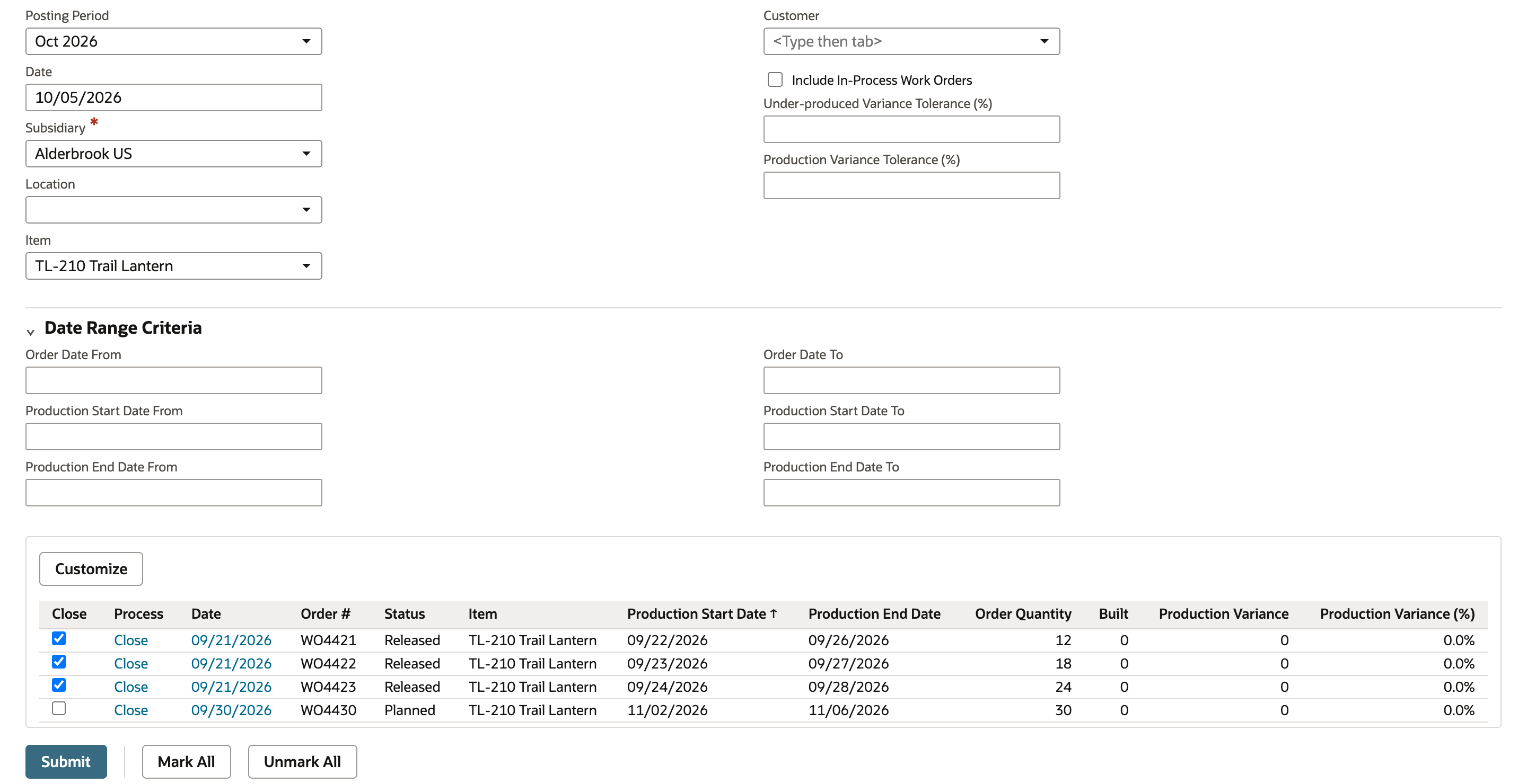 Close Work Orders list with the Close boxes ticked on WO4421, WO4422 and WO4423 and unticked on the Planned order WO4430. Submit, Mark All and Unmark All sit under the list.