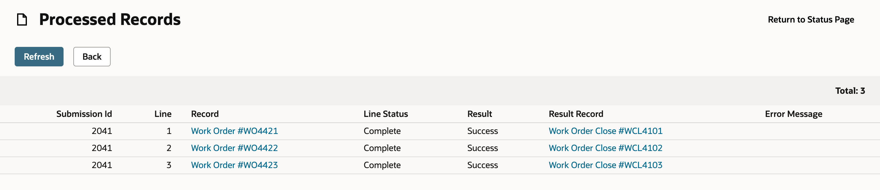 Processed Records for submission 2041 with three lines. WO4421, WO4422 and WO4423 are each Complete with a Result of Success. Result Record lists Work Order Close #WCL4101, #WCL4102 and #WCL4103 and Error Message is empty. An arrow points to Work Order Close #WCL4101.