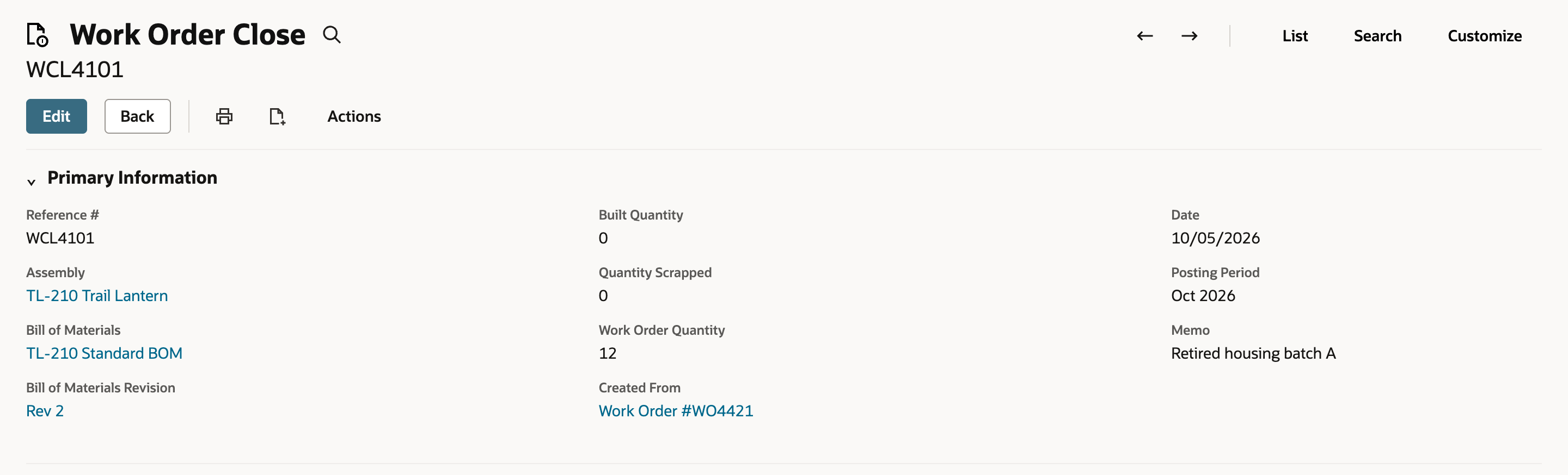 Work Order Close WCL4101 with Built Quantity 0, Quantity Scrapped 0, Work Order Quantity 12, Date 10/05/2026, Posting Period Oct 2026 and Created From Work Order #WO4421. An arrow points to the Created From link.