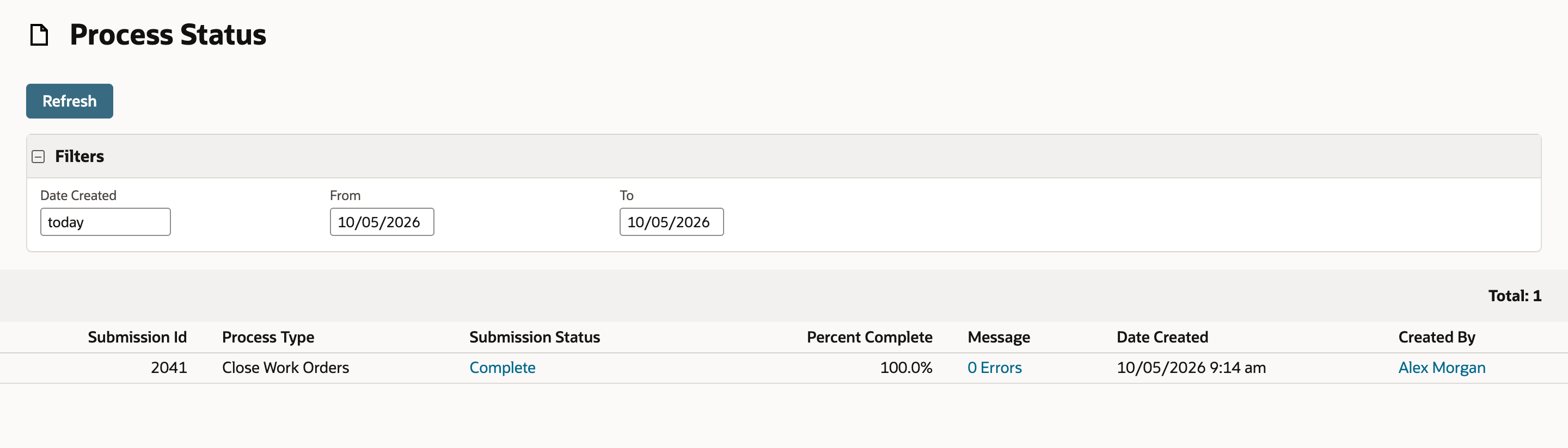 Process Status with submission 2041 now Complete at 100.0% and a Message of 0 Errors, both shown as links. An arrow points to 0 Errors.