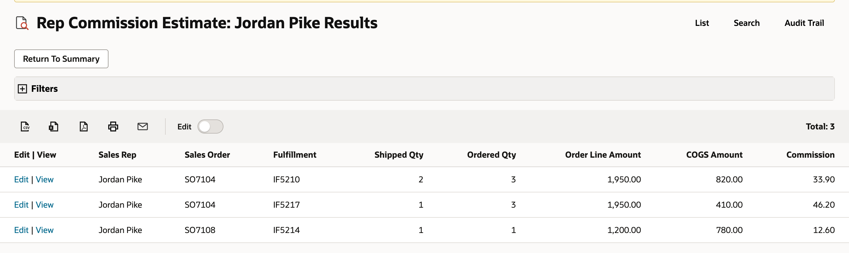 Rep Commission Estimate: Jordan Pike Results. SO7104 appears on IF5210 with Shipped Qty 2 of Ordered Qty 3 and on IF5217 with 1 of 3, both with Order Line Amount 1,950.00. SO7108 on IF5214 shows 1 of 1 at 1,200.00.