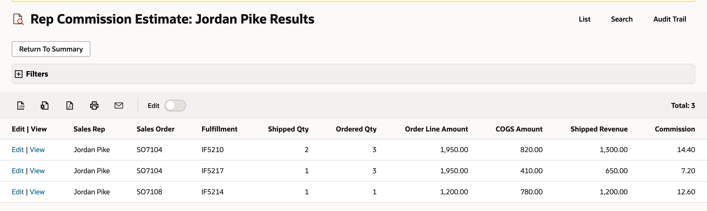 Rep Commission Estimate: Jordan Pike Results after the fix. SO7104's two fulfillments show Shipped Revenue 1,300.00 and 650.00 against the 1,950.00 order line, with Commission 14.40 and 7.20.