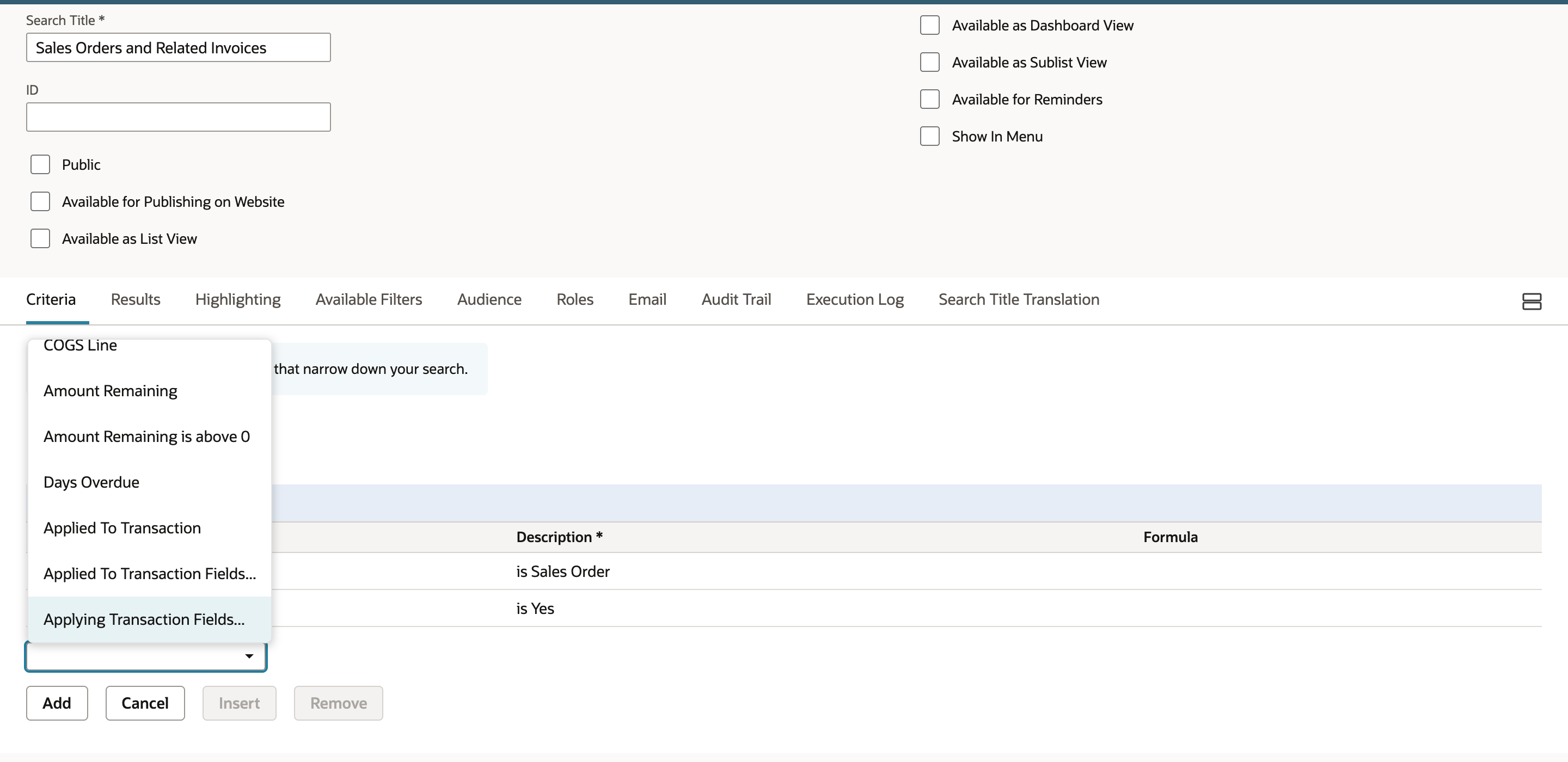 The criterion field picker lists both Applied To Transaction Fields and Applying Transaction Fields, with Applying highlighted.