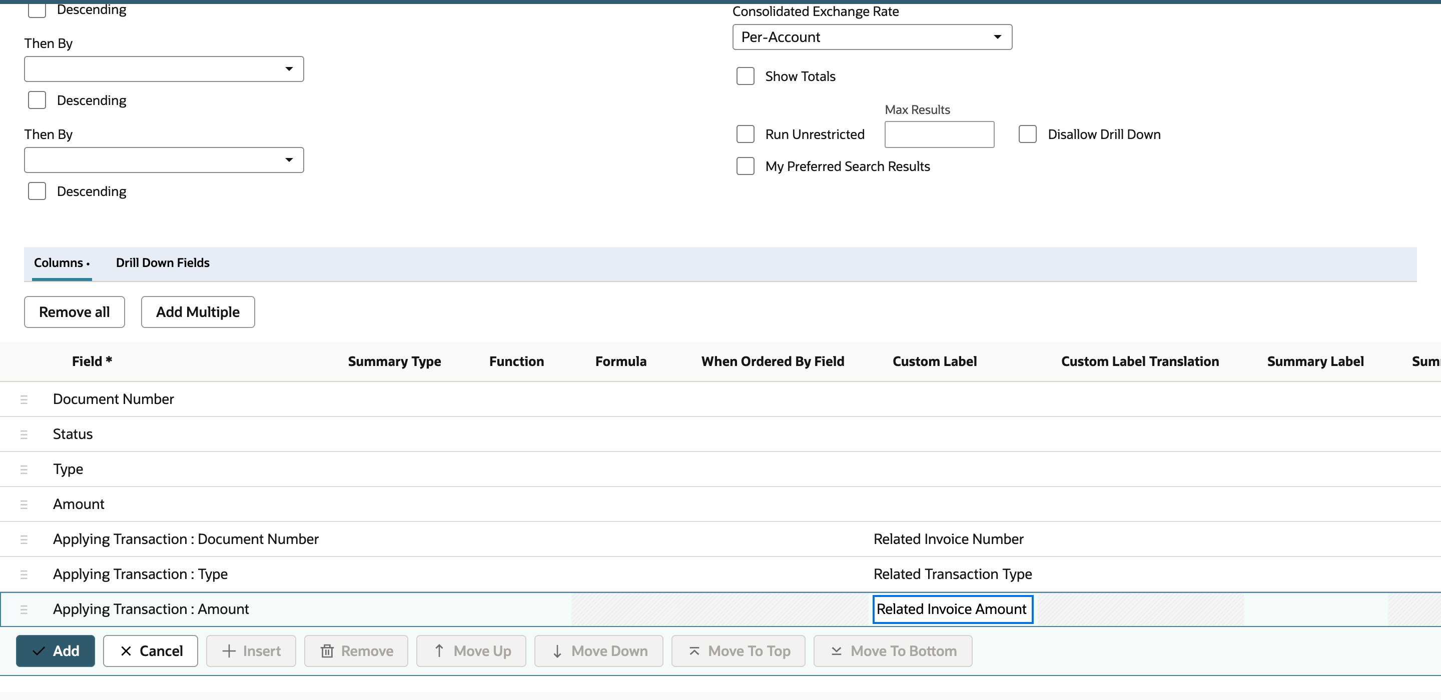 The Results column list has base Document Number, Status, Type, and Amount plus labeled document number, type, and amount rows from Applying Transaction Fields.