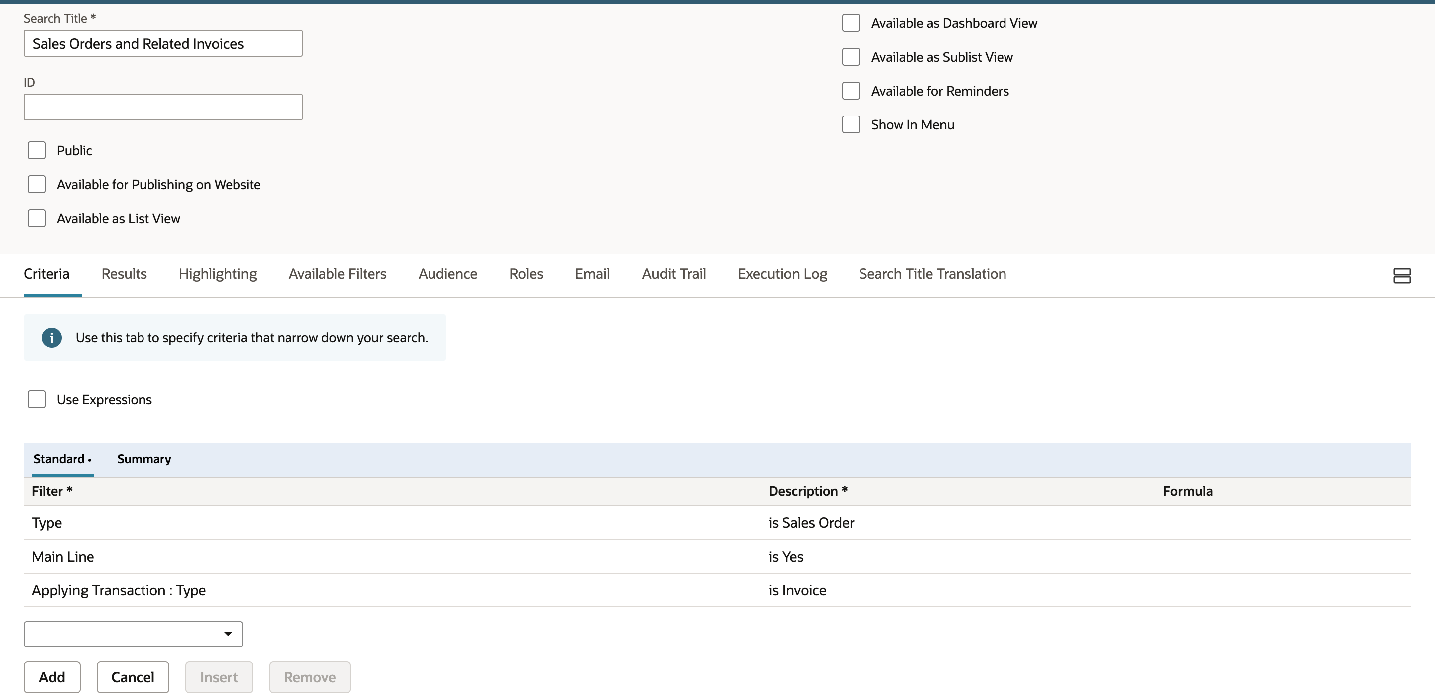 Completed criteria show Type is Sales Order, Main Line is Yes, and Applying Transaction colon Type is Invoice.