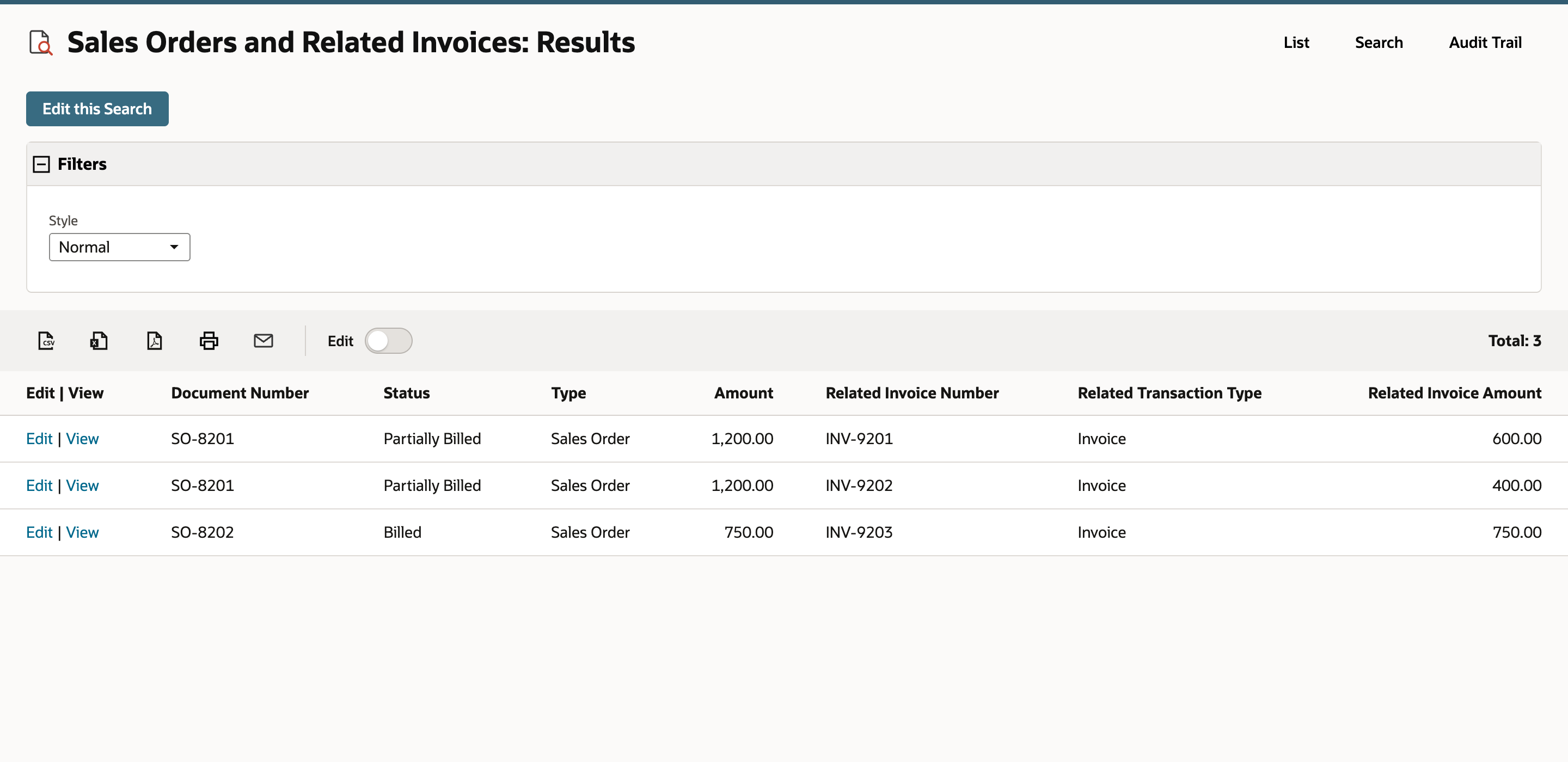 Results show SO-8201 on two rows with invoices INV-9201 and INV-9202 and its 1,200.00 base amount repeated.