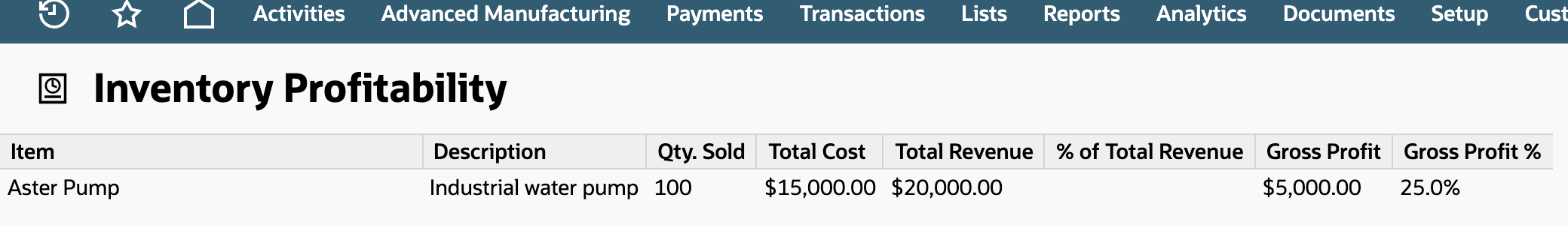 Inventory Profitability results for Aster Pump: 100 units sold, $15,000 Total Cost, $20,000 Total Revenue, $5,000 Gross Profit, and 25.0% Gross Profit %, with a blank % of Total Revenue column.