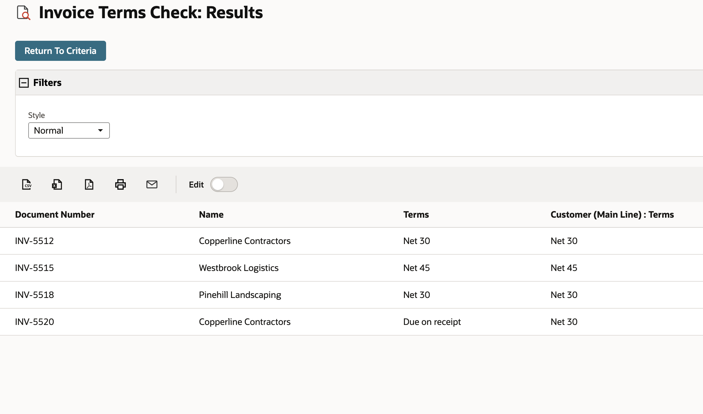 Invoice Terms Check results with Terms and Customer (Main Line) : Terms side by side. INV-5520 shows Due on receipt and Net 30; the other three invoices match.