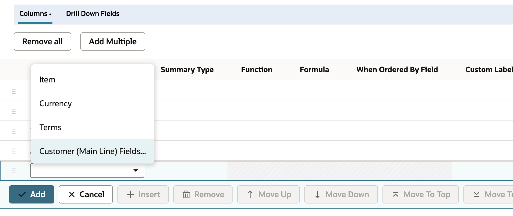 The Field list open on a new Results column row, showing Item, Currency, Terms, and Customer (Main Line) Fields...