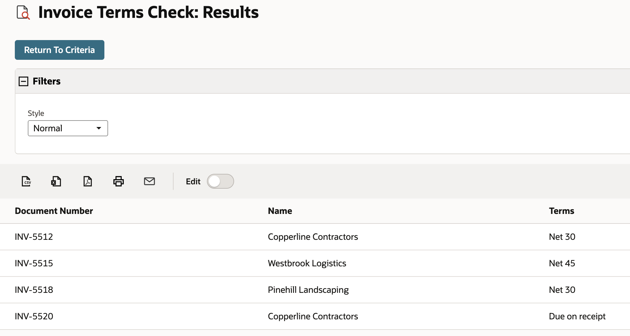 Invoice Terms Check preview with Document Number, Name, and Terms for four invoices. INV-5520 shows Terms Due on receipt.