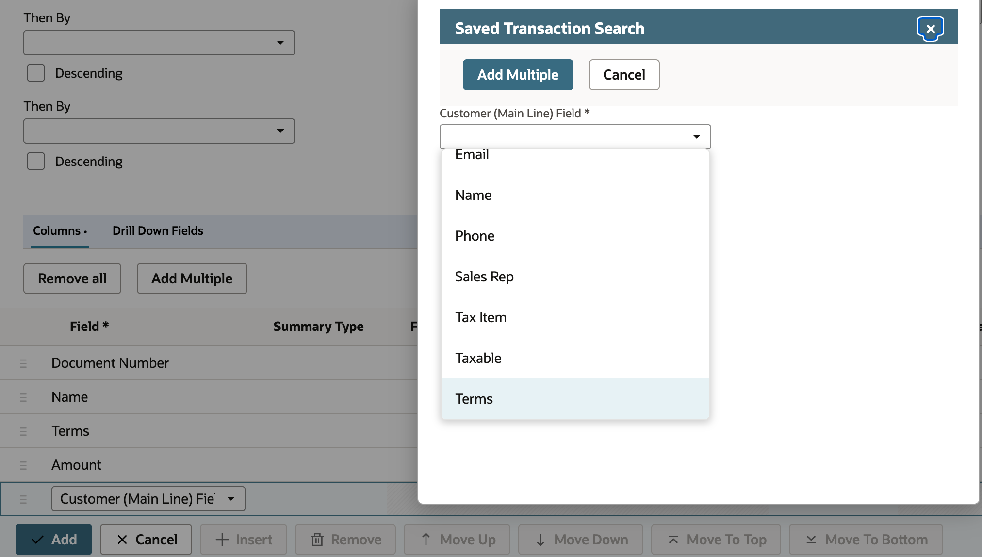 The Saved Transaction Search popup with the Customer (Main Line) Field list open and Terms at the bottom.