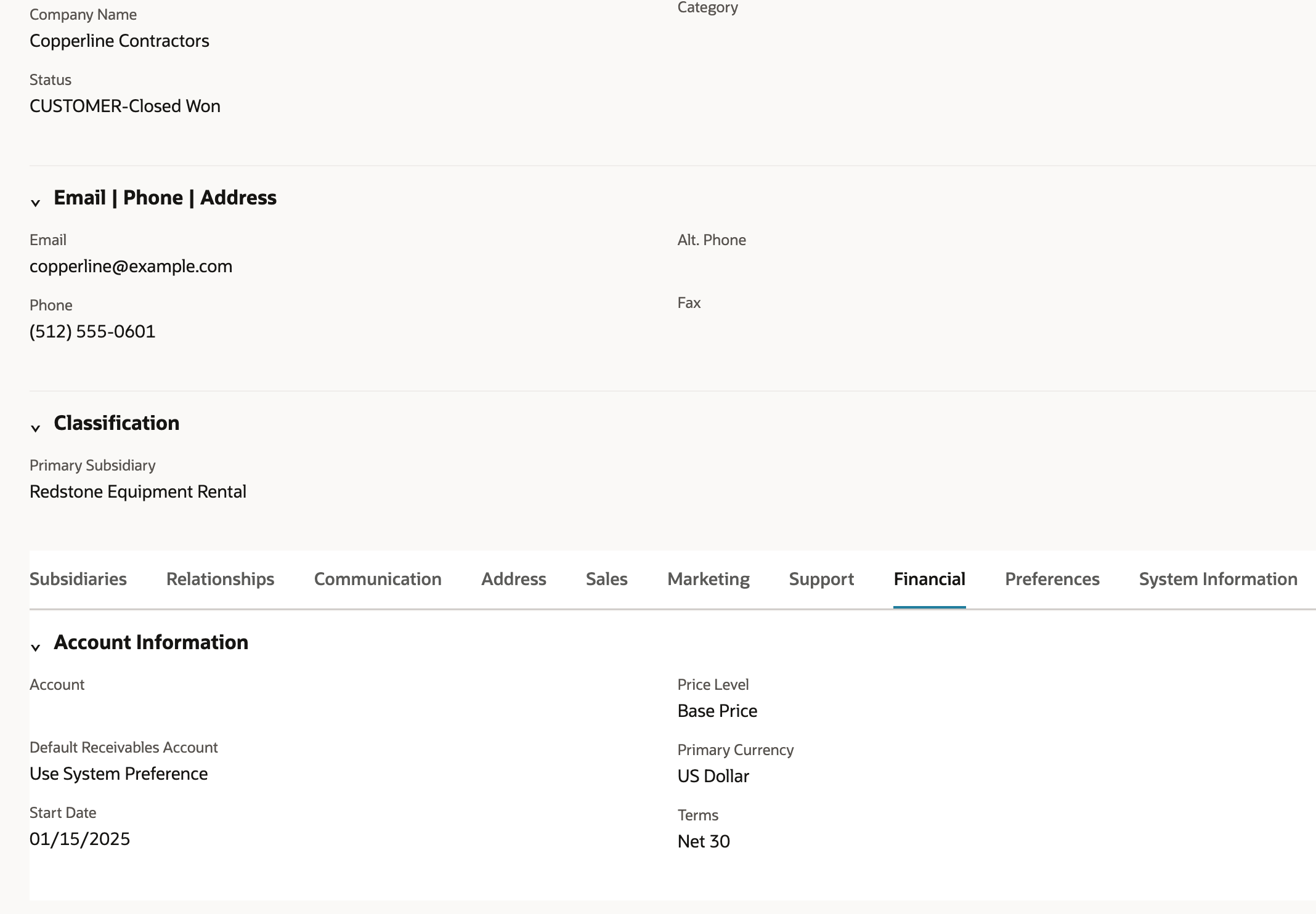 Customer Copperline Contractors with the Financial subtab open. Under Account Information, Terms is Net 30.