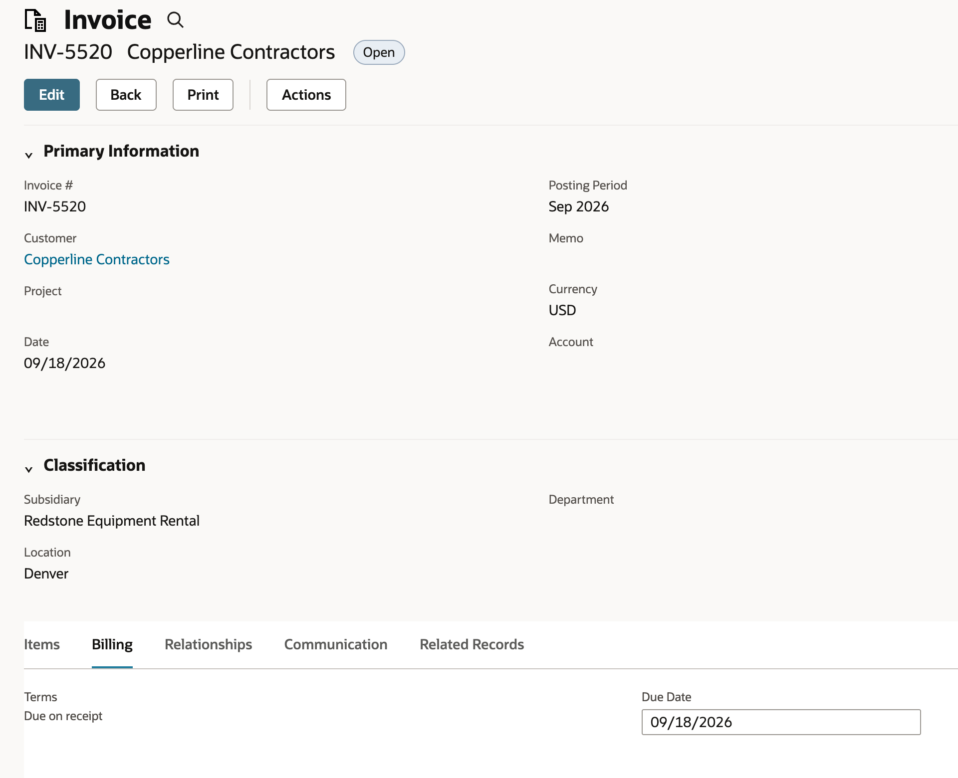 Invoice INV-5520 for Copperline Contractors with the Billing subtab open and Terms Due on receipt.