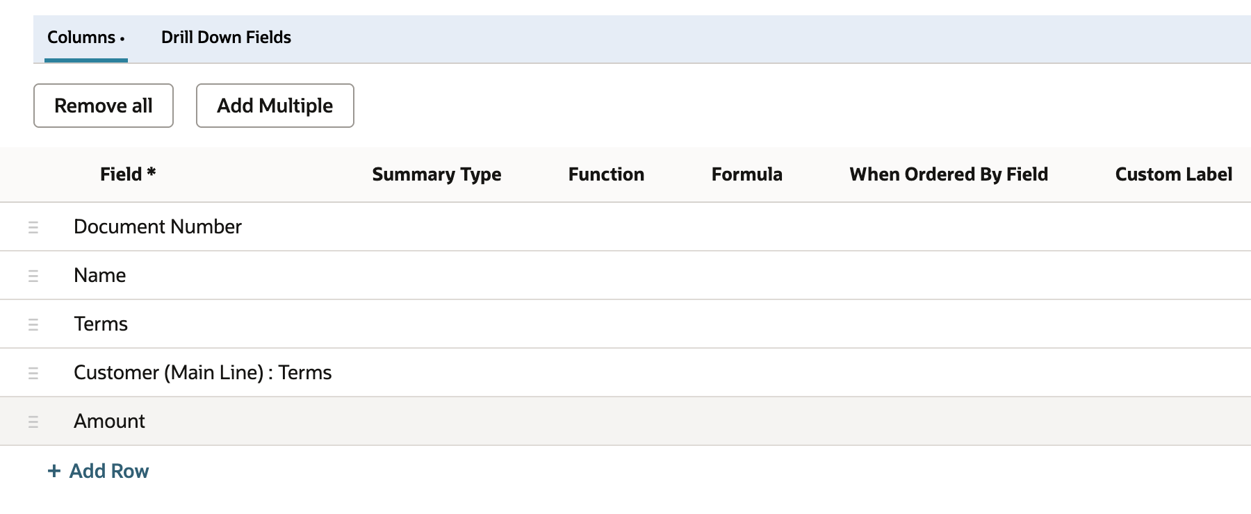Results columns in order: Document Number, Name, Terms, Customer (Main Line) : Terms, Amount.