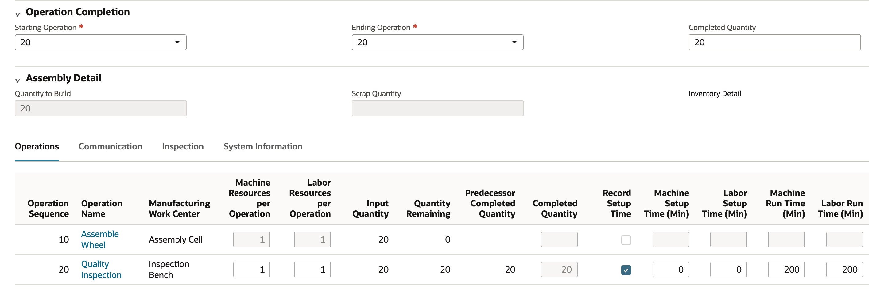Work Order Completion form with Starting Operation 20, Ending Operation 20, Completed Quantity 20 and Quantity to Build 20. Operation 10 shows Quantity Remaining 0. Operation 20 shows Quantity Remaining 20 and a Predecessor Completed Quantity of 20. An arrow points to the Predecessor Completed Quantity of 20 for operation 20.