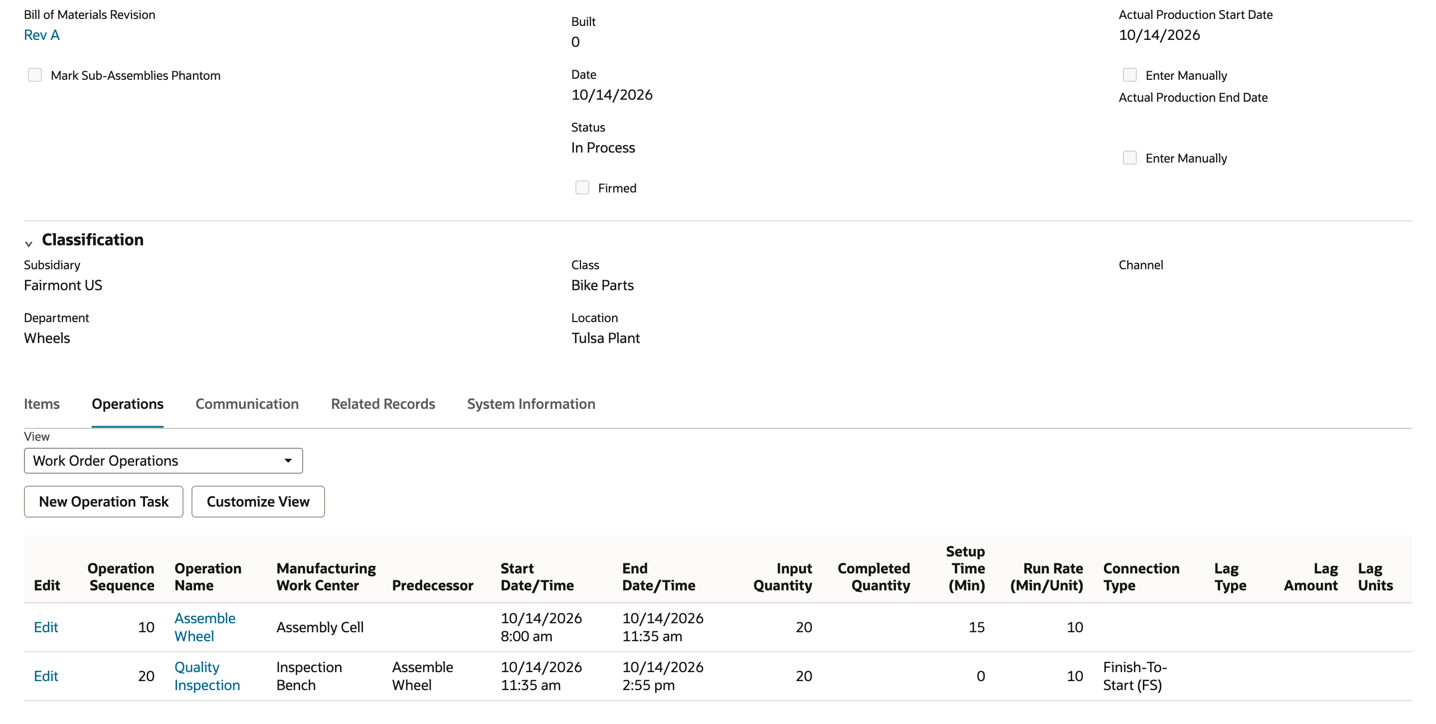 In Process work order WO-4410 with Built 0 and the Operations subtab open. Operation 10 Assemble Wheel and operation 20 Quality Inspection each show an Input Quantity of 20 and a blank Completed Quantity. An arrow points to the Built value of 0.