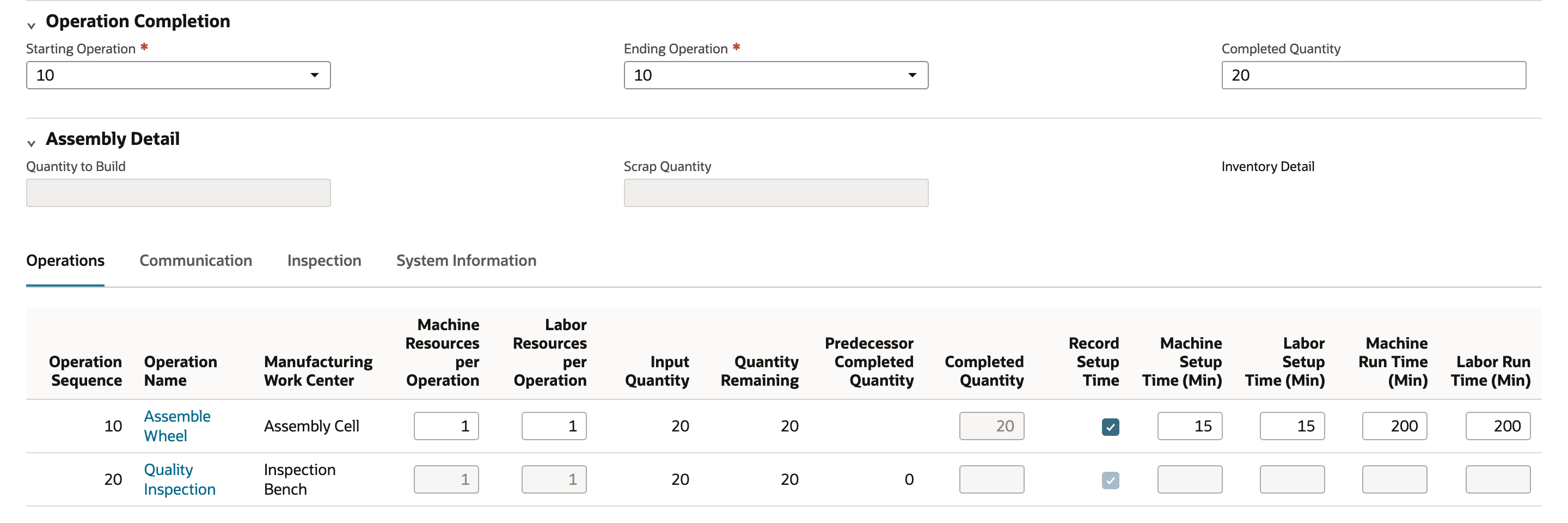 Work Order Completion form with Starting Operation 10, Ending Operation 10 and Completed Quantity 20. Operation 10 shows Quantity Remaining 20, setup time 15 and run time 200. Operation 20 is greyed out with a Predecessor Completed Quantity of 0. An arrow points to the Predecessor Completed Quantity of 0 for operation 20.
