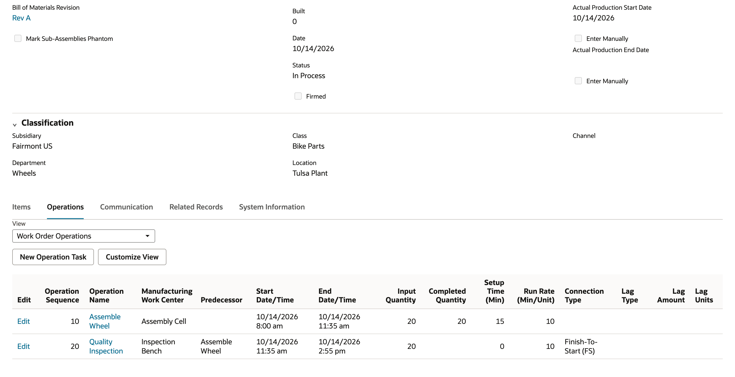 Work order WO-4410 after the first completion. Built is 0 and Status is In Process. Operation 10 shows a Completed Quantity of 20 and operation 20 is blank. An arrow points to the Completed Quantity of operation 10.