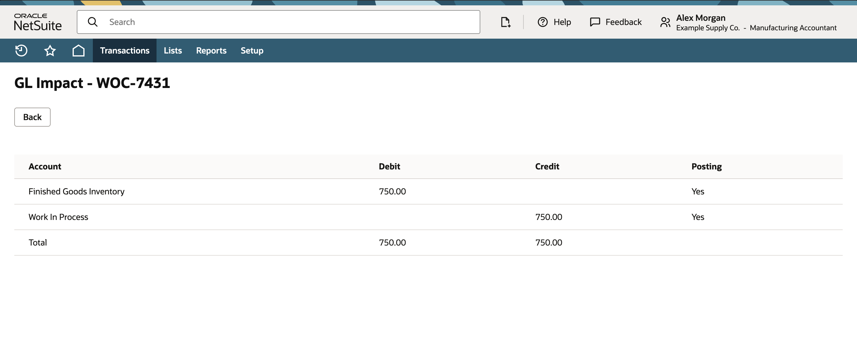 NetSuite GL Impact for WOC-7431 with balanced 750.00 debit and credit totals