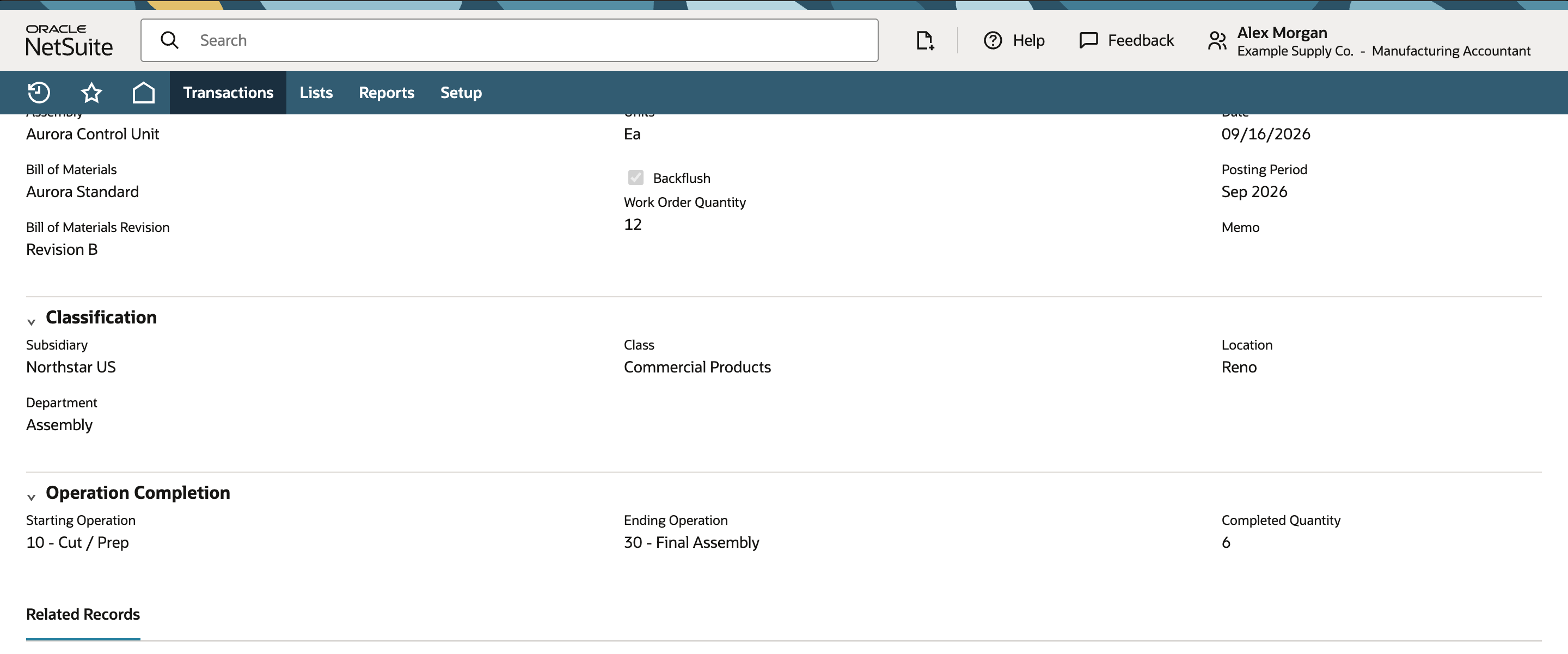 Saved NetSuite Work Order Completion WOC-7431 linked to Work Order Issue WOI-7432