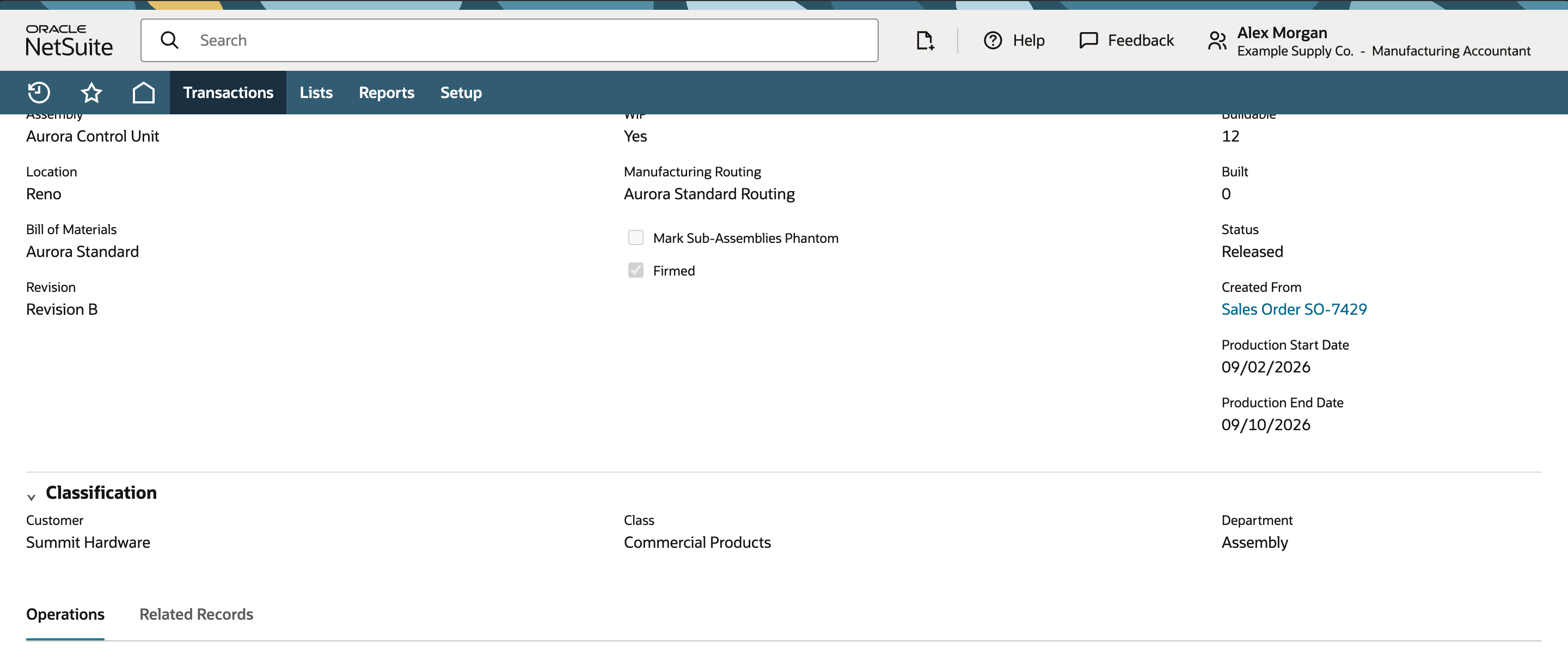 Released NetSuite WIP work order WO-7430 with quantity twelve, Built zero, and three routing operations